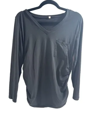 Black Maternity T-Shirt Women's M Black with Pocket V Neck Gathered Sides thumbnail 1