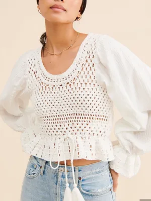 Free People Megan Crochet Top Creamy White Boho Long Sleeve Blouse size large thumbnail 1