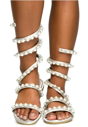 BellaMarie Silver Pearl Spiral Strappy Flat Sandals thumbnail 1