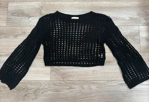 Black Crochet Open Knit Cropped Bell Sleeve Sweater S thumbnail 1