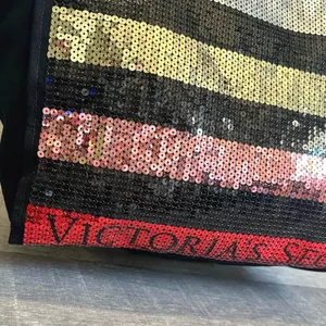 Victorias Secret Metallic Sequin Striped Large Black Tote Gold Red Silver Bag thumbnail 3