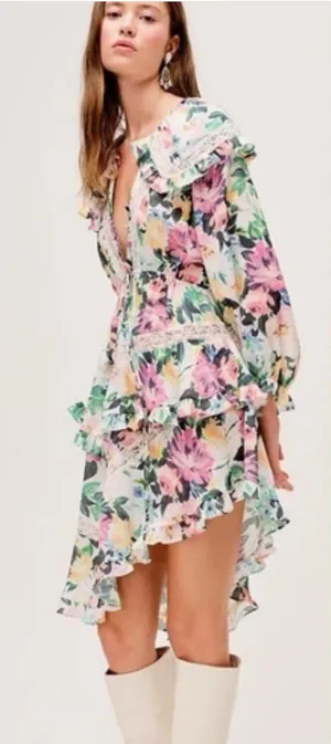 FOR LOVE AND LEMONS Bailey Floral Asymmetrical long sleeve ruffle mini Dress S thumbnail 1
