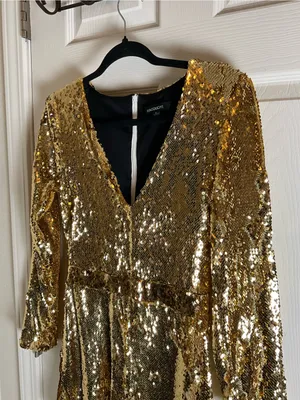 HAODUOYI Gold Sequin V-Neck Long Sleeve Party Romper - Size Medium thumbnail 4
