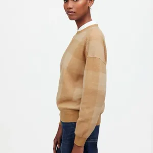 MADEWELL Women's XL Merinol Wool Windowpane Plaid Pullover Sweater Camel Tan thumbnail 16