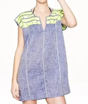 J.Crew Women's Chambray Blue Neon Embroidered Swim Cover-Up Tunic Size Medium thumbnail 1