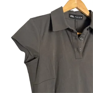 Zara Gray Dark Academia Blogger Box Pleated Drop Waist Belted Polo Mini Dress S thumbnail 4