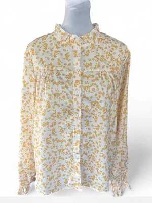 Yellow floral polyester blouse with ruffle sleeves, size L White Size L thumbnail 1