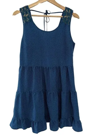 Vintage Mine Blue Polka Dot Tiered Mini Dress Medium Y2K Lightweight festival thumbnail 1