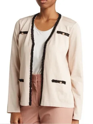 Adrianna Papell White Black Fringe Trim Cardigan Size Small Quiet Luxury thumbnail 1