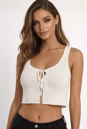 Princess Polly Knit Tie FrontCrop Top Women S/M Ivory Pointelle Ribbed‎ Festival thumbnail 1