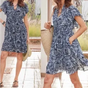 Sundance Sky Navy/White Flutter Sleeve Tiered Ruffle Boho Viscose‎ Dress thumbnail 2