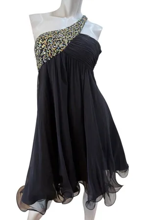 JOVANI Vintage 100% Silk Sequin One Shoulder Cocktail Mini Dress Sz 2/4 thumbnail 1