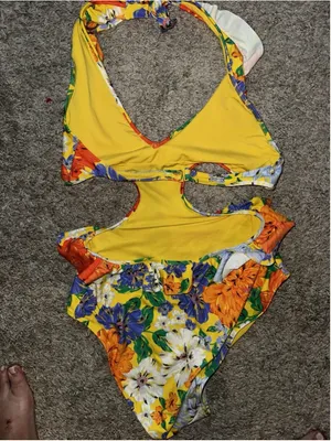 Aerie Yellow Floral Monokini Floral Ruffle Halter One Piece Swimsuit Large thumbnail 8