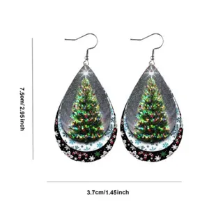 Set of 2 Christmas Teardrop Reversible PU Leather Hook Earrings C5, New! thumbnail 2