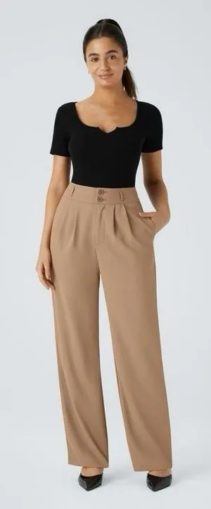 Halara Flex High Waisted Zipper Pocket Shirred Straight Work Pants Beige S NWT thumbnail 1