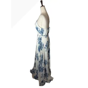 Lulus Elegantly Inclined Wrap Dress Women XL Blue‎ Cream Floral Print Maxi Boho thumbnail 3