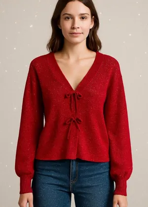 Cato Fashions SHIMMER BOW BUTTON CARDIGAN Holly Red Sparkle Holidays Large thumbnail 1