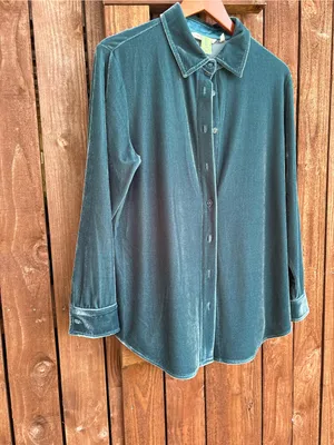 Soft Surroundings Teal Velvet Long Sleeve Button Down Tunic PETITE thumbnail 3