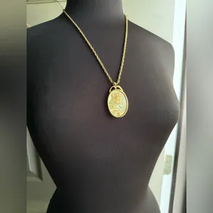 Vintage floral round cameo long gold chain necklace thumbnail 2