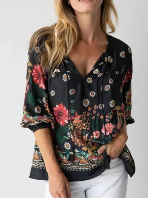 Natural Life Women’s Maribel Top Blouse Rayon in Black Floral Mushroom M thumbnail 1