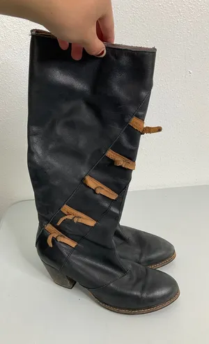 Holding Horses Black Leather Tall Boots Side Tie Boho Block Heel Size 37‎ thumbnail 1