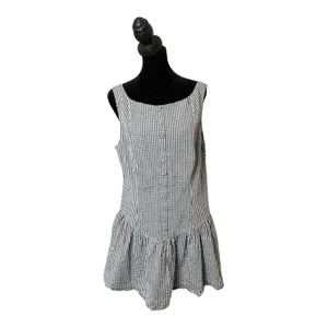 Wild Fable Seersucker Gingham Plaid Mini Dress Womens L Navy White Button Front Drop Waist thumbnail 16