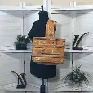 Vintage Burlap Tote Bag Embroidered Tan Orange Cream thumbnail 2