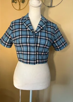 John Galt Blue Plaid Cropped Button Front Top One Size (XS / S) thumbnail 1