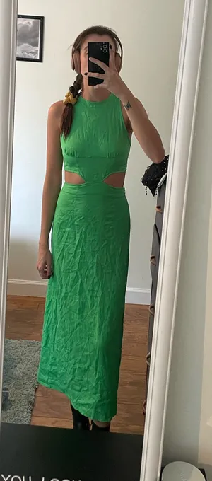 SHEIN Strappy Back Long Linen Dress in Green thumbnail 1