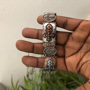 Y2K Bronze Silver Gold tone brown studded metal cross bracelet bangle jewelry #gothic #grunge #subversive #whimsygoth #emo jewel thumbnail 2