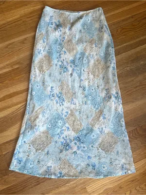 Vintage Floral Patchwork A-Line Maxi Skirt in Light Blue and Cream thumbnail 1