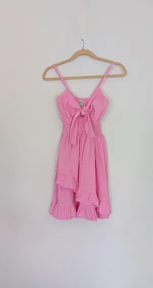 Hot Pink Barbie Bubble Gum Pink Tie Front Ruffle Cotton Dress Size M/L NWT thumbnail 2