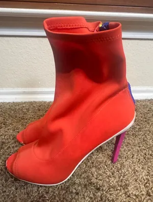 Aldo Neon Orange Sock Boots Peep Toe Stiletto Heel Gogo Retro Zip Womens 9/40 thumbnail 1