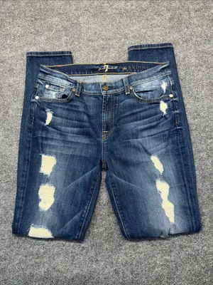 7 For All Mankind The Skinny Distressed Dark Blue Jeans thumbnail 4