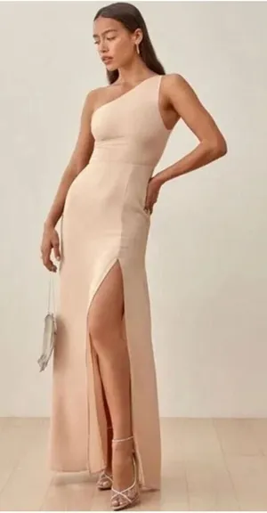 Reformation semi formal powder pink Evelyn crepe one shoulder dress thumbnail 1