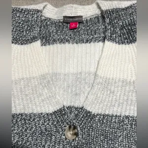 Vince Camuto Puff Sleeve Button Front Gray & Cream Striped Cardigan size small thumbnail 13