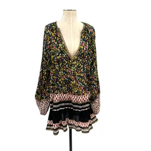 Free People Gardenia Tunic Top Floral Print Long Sleeve Black‎ Combo Size Large thumbnail 3
