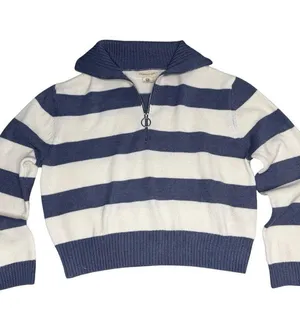 Happy Grey Striped Mock Neck Cotton Cropped Sweater Preppy Coquette thumbnail 1