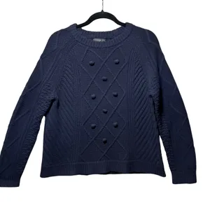 J.Crew Navy Blue‎ 100% Wool Sweater Bobble Diamond Cable Knit Crewneck Medium thumbnail 1