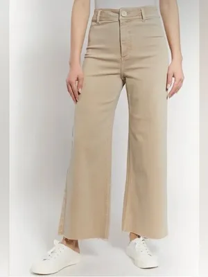 Oat 8/29 Cream High Rise Wide Leg Cotton Blend Pants Raw Edge Summer Casual thumbnail 2