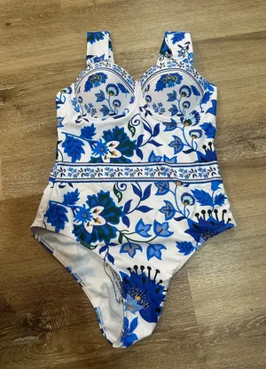 Women push up Blue Floral One-Piece Swimsuit - White & Blue thumbnail 1