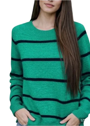 Evereve Thea Green Black Striped Crewneck Sweater Womens Medium Raglan Knit thumbnail 1