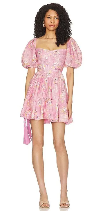 Bardot Mini Dress Pink Floral puff sleeve size medium thumbnail 1