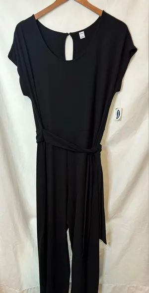 NWT Old Navy Women's Jumpsuit Size Lg Black Solid Short Sleeve Tie Wide Leg Crop thumbnail 1