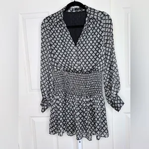 Zara Geometric Smocked Waist Long Sleeve Dress XS NWT thumbnail 5
