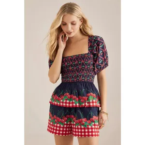 Damson Madder Allegra Cherry Pie Smocked Peplum Top UK 14 US 10 Puff Sleeve Tea thumbnail 4