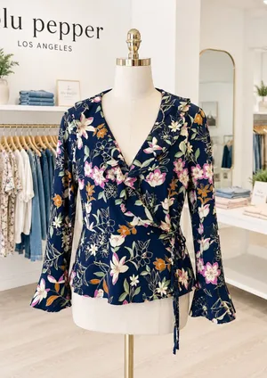Blu Pepper Navy Floral Ruffle Wrap Peplum Blouse Bell Sleeve Large L thumbnail 1