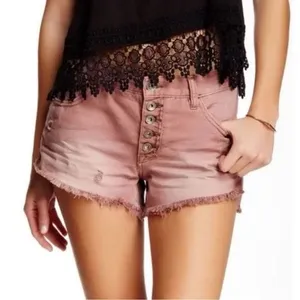Free People Runaway Distressed Raw Hem Button Fly Shorts Women’s 28 Fig/Mauve thumbnail 1