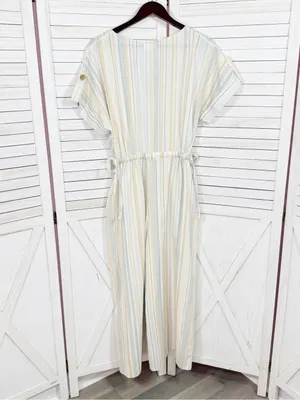 World Market Shilo Striped Wide Leg Cinch Waist‎ Jumpsuit Ivory Multi Cropped thumbnail 9