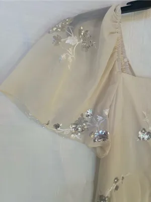 Cream Midi Dress with Silver Sequin Floral Embellishments, Ruffled Hem, Medium. thumbnail 4